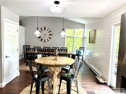 Dining room, Interior, Pendant Lights, Wood Texture Flooring