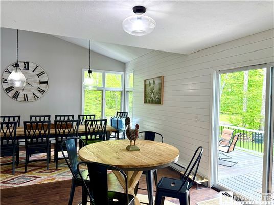 Dining room, Interior, Pendant Lights, Wood Texture Flooring