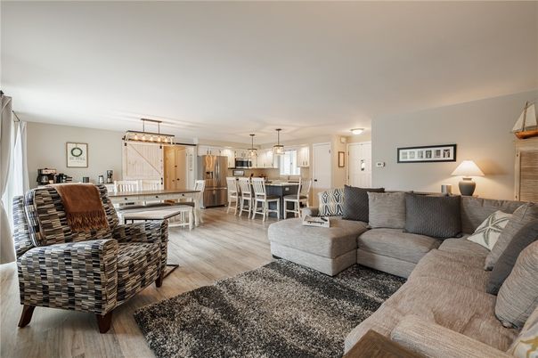 Dining room, Interior, Kitchen, Living room, Pendant Lights, Wood Texture Flooring