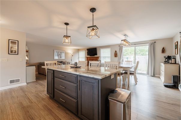 Dining room, Interior, Pendant Lights, Wood Texture Flooring