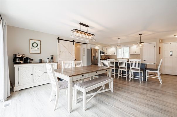 Dining room, Interior, Kitchen, Pendant Lights, Wood Texture Flooring