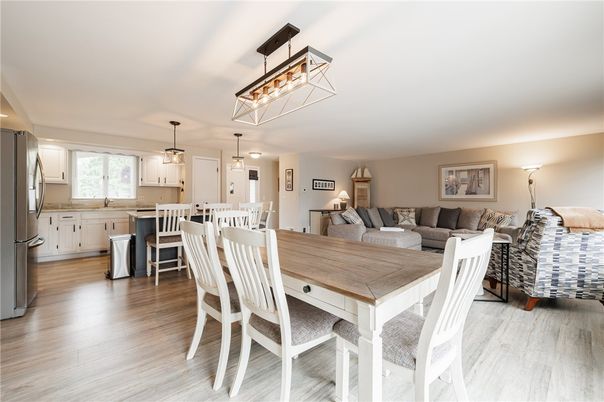 Dining room, Interior, Kitchen, Living room, Pendant Lights, Wood Texture Flooring