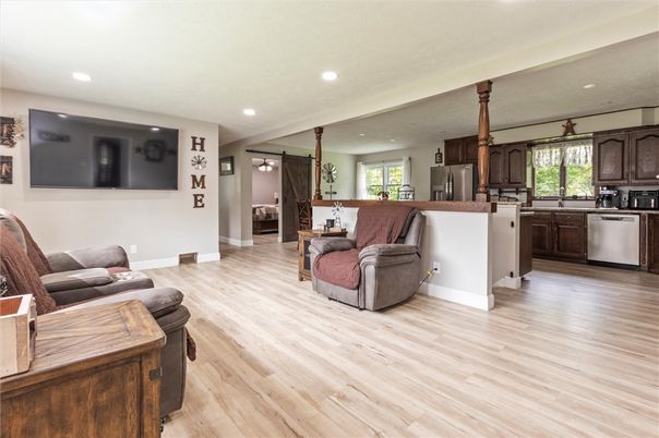 Interior, Kitchen, Living room, Recessed Lighting, Wood Texture Flooring