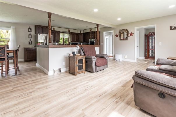 Dining room, Interior, Kitchen, Living room, Recessed Lighting, Wood Texture Flooring