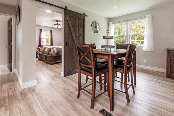 Dining room, Interior, Recessed Lighting, Wood Texture Flooring