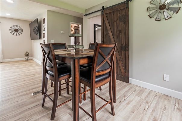 Dining room, Interior, Recessed Lighting, Wood Texture Flooring