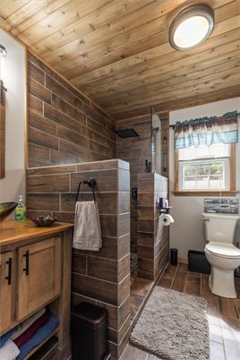 Bathroom, Glass Shower, Interior, Wooden Ceilings, Wood Texture Flooring, Wooden Walls