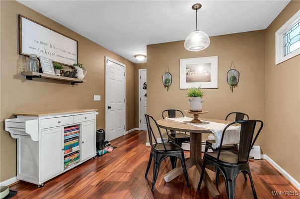 Dining room, Interior, Pendant Lights, Wood Texture Flooring