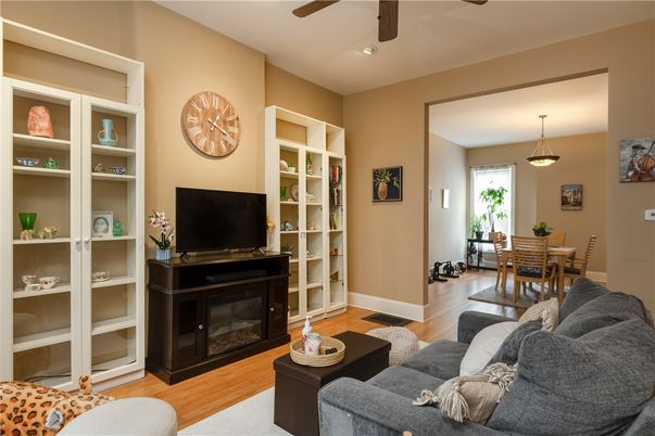 Dining room, Interior, Living room, Pendant Lights, Recessed Lighting, Wood Texture Flooring