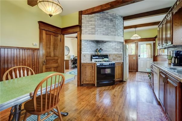 Interior, Kitchen, Pendant Lights, Stone Walls, Wooden Beams, Wood Texture Flooring