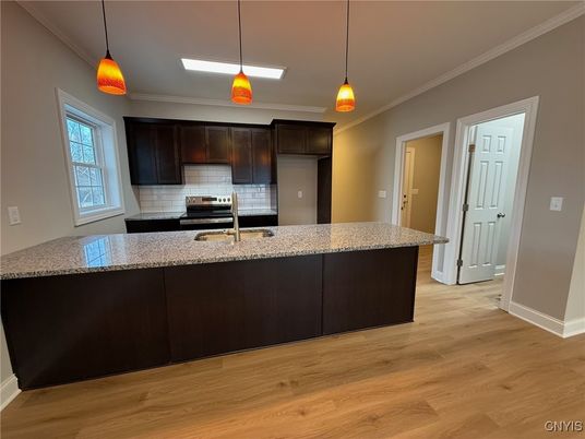 Interior, Kitchen, Pendant Lights, Stainless Steel Appliances, Wood Texture Flooring