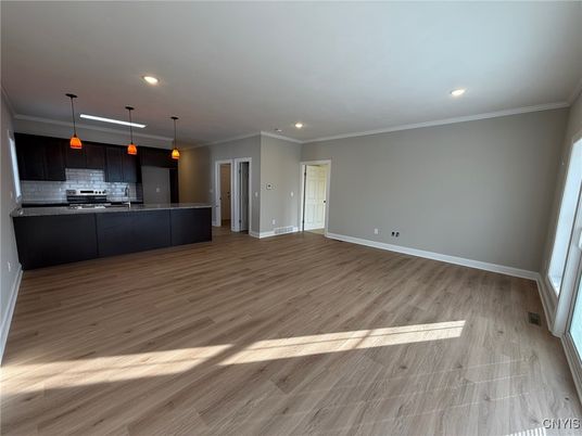 Empty room, Interior, Kitchen, Pendant Lights, Recessed Lighting, Stainless Steel Appliances, Wood Texture Flooring