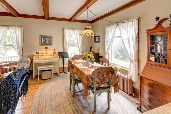 Dining room, Interior, Pendant Lights, Piano, Wooden Beams, Wood Texture Flooring