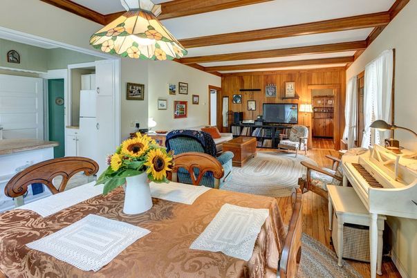 Dining room, Interior, Living room, Piano, Wooden Beams, Wood Texture Flooring