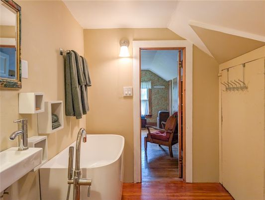 Bathroom, Free Standing Baths, Interior, Wood Texture Flooring