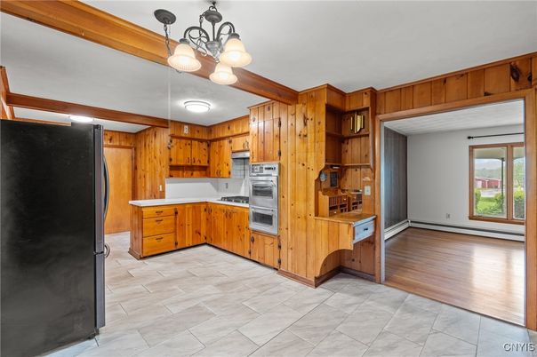Chandelier, Interior, Kitchen, Wood Texture Flooring, Wooden Walls