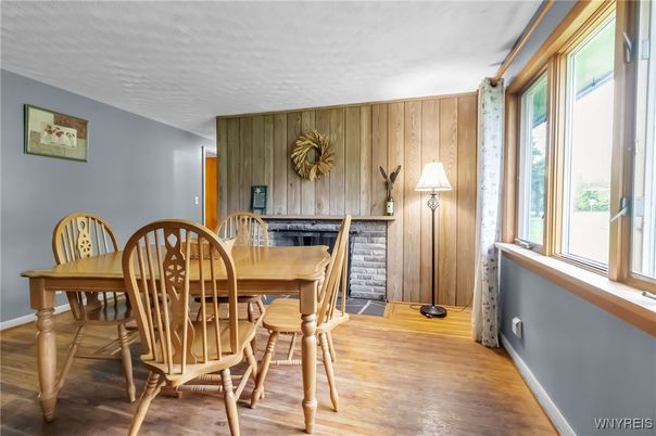 Dining room, Fireplace, Interior, Wood Texture Flooring