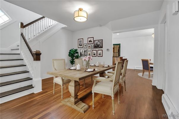 Dining room, Interior, Recessed Lighting, Wood Texture Flooring