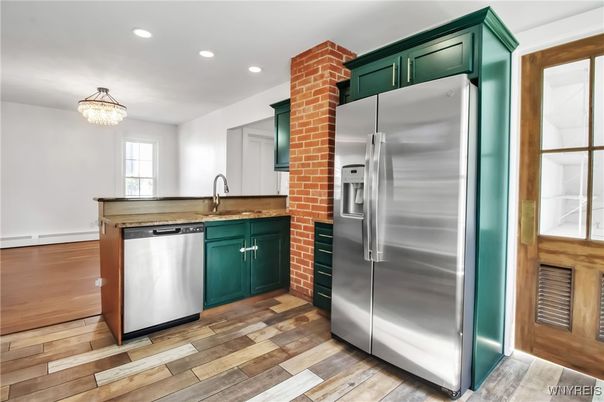 Chandelier, Interior, Kitchen, Recessed Lighting, Stainless Steel Appliances, Wood Texture Flooring