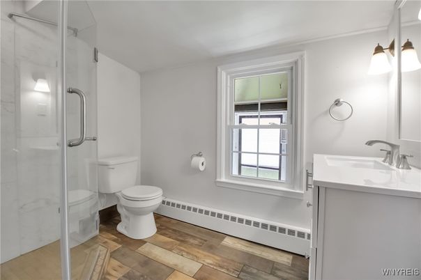 Bathroom, Glass Shower, Interior, Wood Texture Flooring