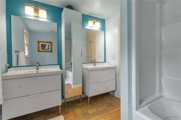 Bathroom, Dual Sink Vanities, Interior, Wood Texture Flooring