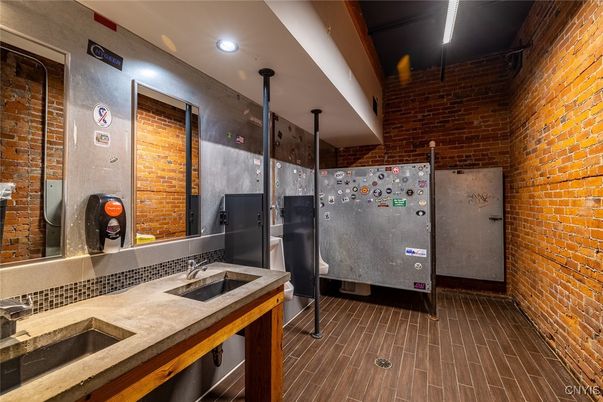 Bathroom, Interior, Recessed Lighting, Stone Walls, Wood Texture Flooring