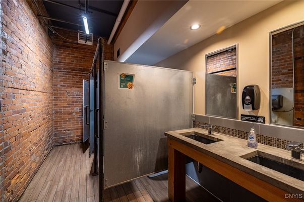 Bathroom, Interior, Recessed Lighting, Stone Walls, Wood Texture Flooring