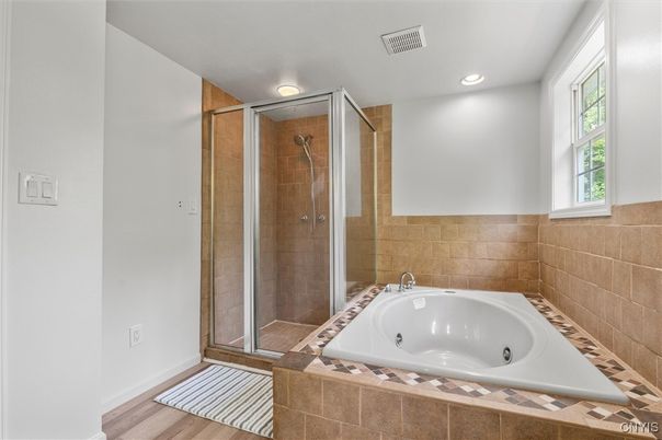 Bathroom, Glass Shower, Interior, Recessed Lighting, Wood Texture Flooring