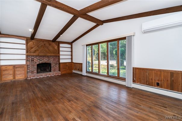 Empty room, Fireplace, Interior, Recessed Lighting, Wooden Beams, Wood Texture Flooring