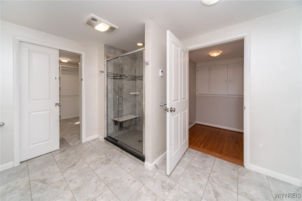 Bathroom, Glass Shower, Interior, Recessed Lighting, Wood Texture Flooring