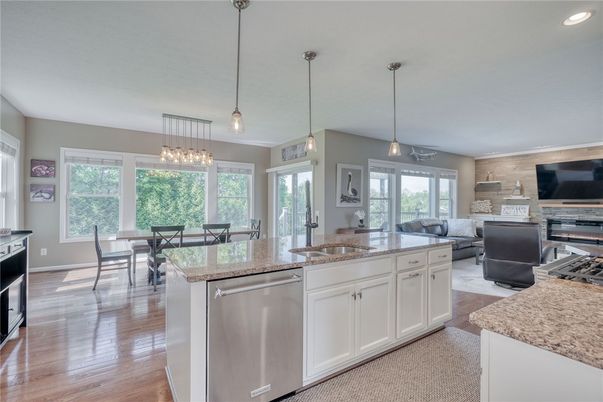 Dining room, Interior, Kitchen, Living room, Pendant Lights, Recessed Lighting, Wood Texture Flooring