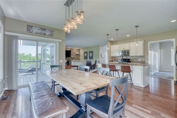 Dining room, Interior, Kitchen, Pendant Lights, Recessed Lighting, Wood Texture Flooring