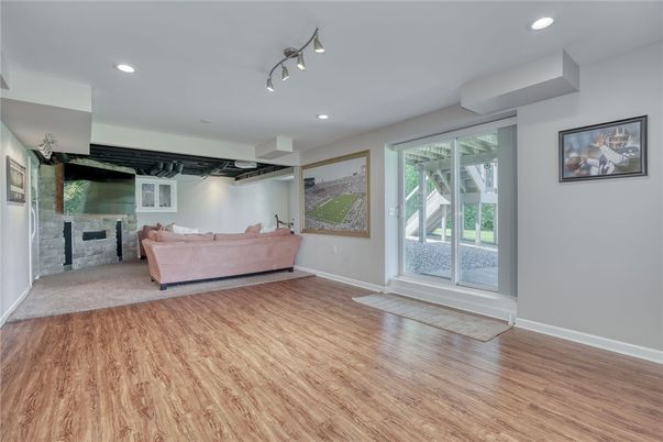 Fireplace, Interior, Living room, Recessed Lighting, Wood Texture Flooring