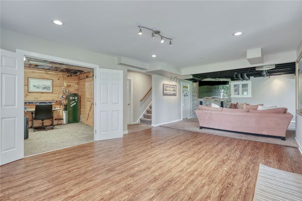 Home Office, Interior, Living room, Recessed Lighting, Wood Texture Flooring, Wooden Walls