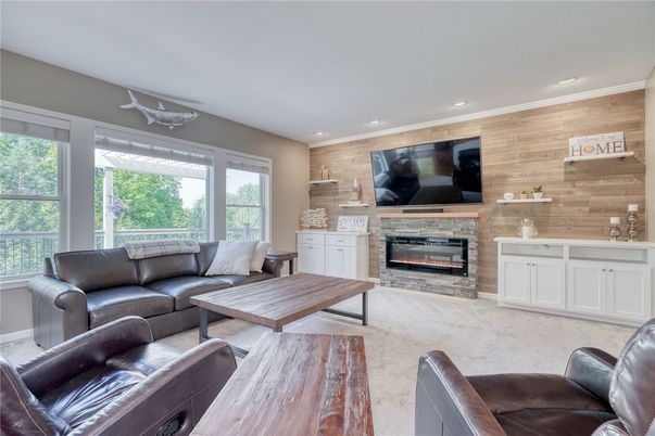 Fireplace, Interior, Living room, Recessed Lighting, Wooden Walls