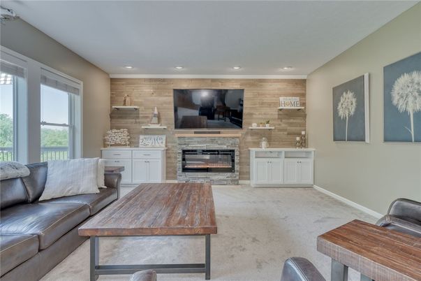 Fireplace, Interior, Living room, Recessed Lighting, Wooden Walls