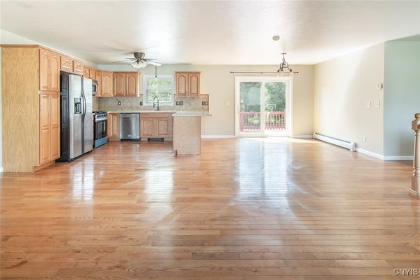 Interior, Kitchen, Pendant Lights, Stainless Steel Appliances, Wood Texture Flooring