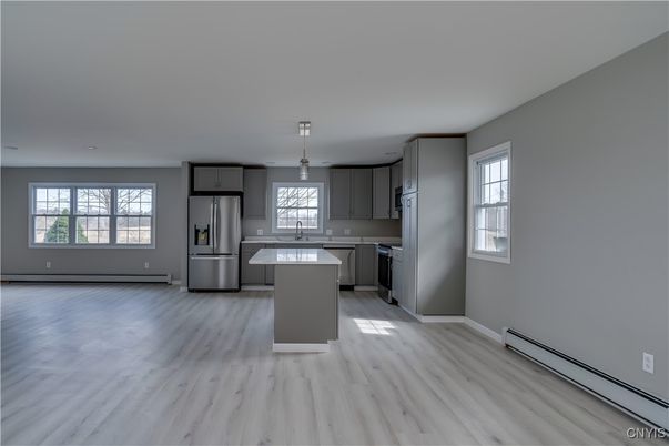 Interior, Kitchen, Pendant Lights, Stainless Steel Appliances, Wood Texture Flooring
