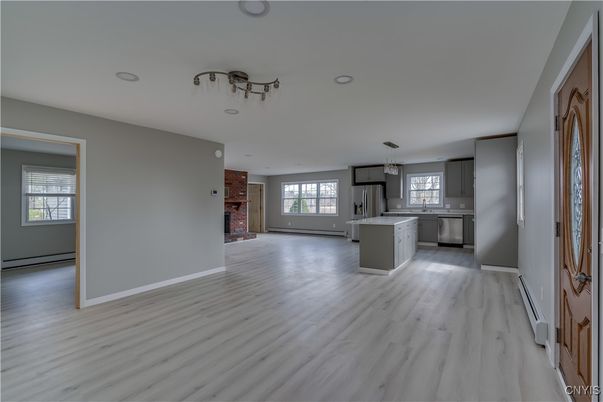 Empty room, Interior, Kitchen, Pendant Lights, Wood Texture Flooring