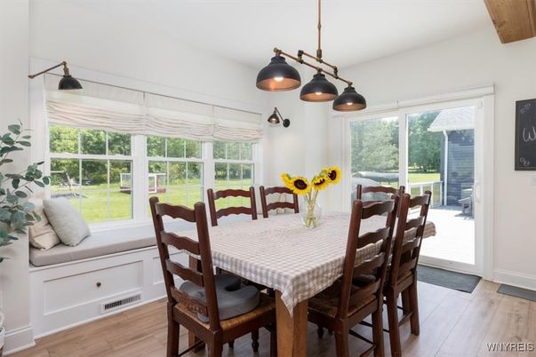 Dining room, Interior, Pendant Lights, Wood Texture Flooring