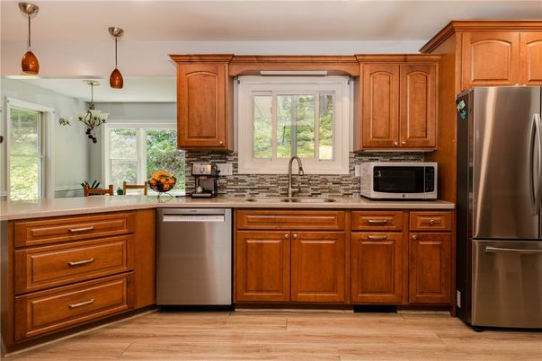 Interior, Kitchen, Pendant Lights, Stainless Steel Appliances, Wood Texture Flooring