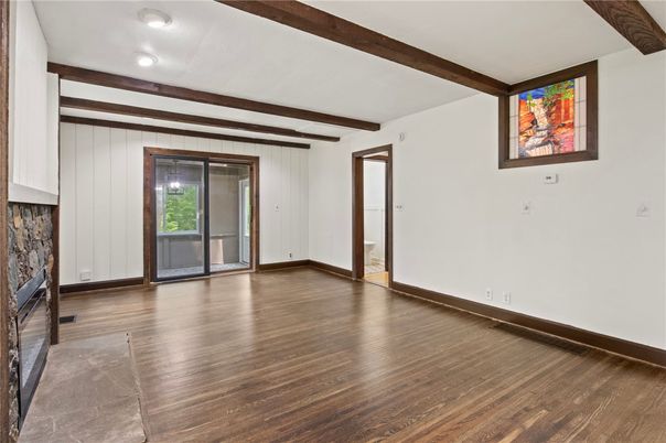 Empty room, Fireplace, Interior, Wooden Beams, Wood Texture Flooring