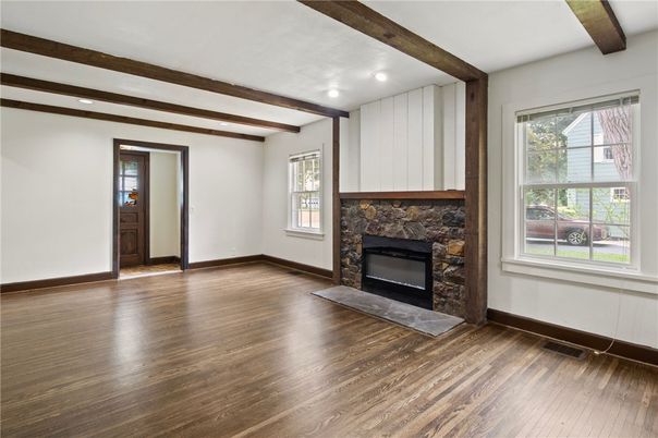 Empty room, Fireplace, Interior, Recessed Lighting, Wooden Beams, Wood Texture Flooring