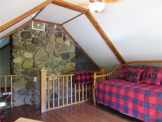 Bedroom, Interior, Stone Walls, Wooden Beams, Wood Texture Flooring