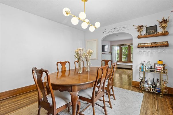 Dining room, Interior, Pendant Lights, Wood Texture Flooring