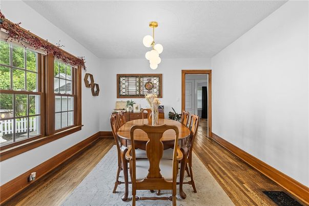 Dining room, Interior, Pendant Lights, Wood Texture Flooring