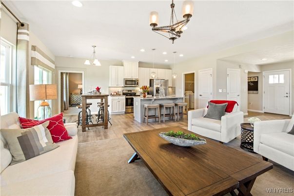 Dining room, Interior, Kitchen, Living room, Pendant Lights, Recessed Lighting, Stainless Steel Appliances, Wood Texture Flooring