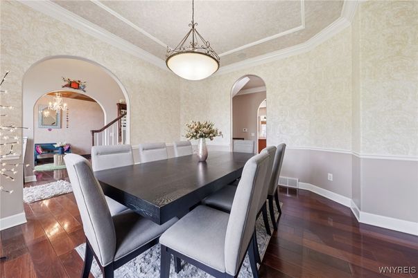 Dining room, Interior, Pendant Lights, Wood Texture Flooring