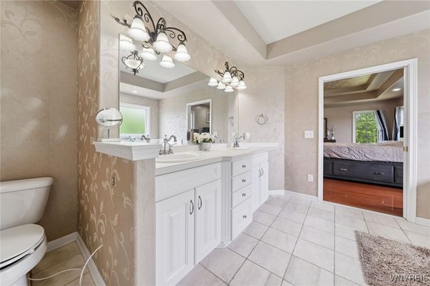 Bathroom, Bedroom, Dual Sink Vanities, Interior, Recessed Lighting, Wood Texture Flooring