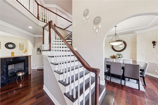 Dining room, Fireplace, Interior, Pendant Lights, Recessed Lighting, Wood Texture Flooring